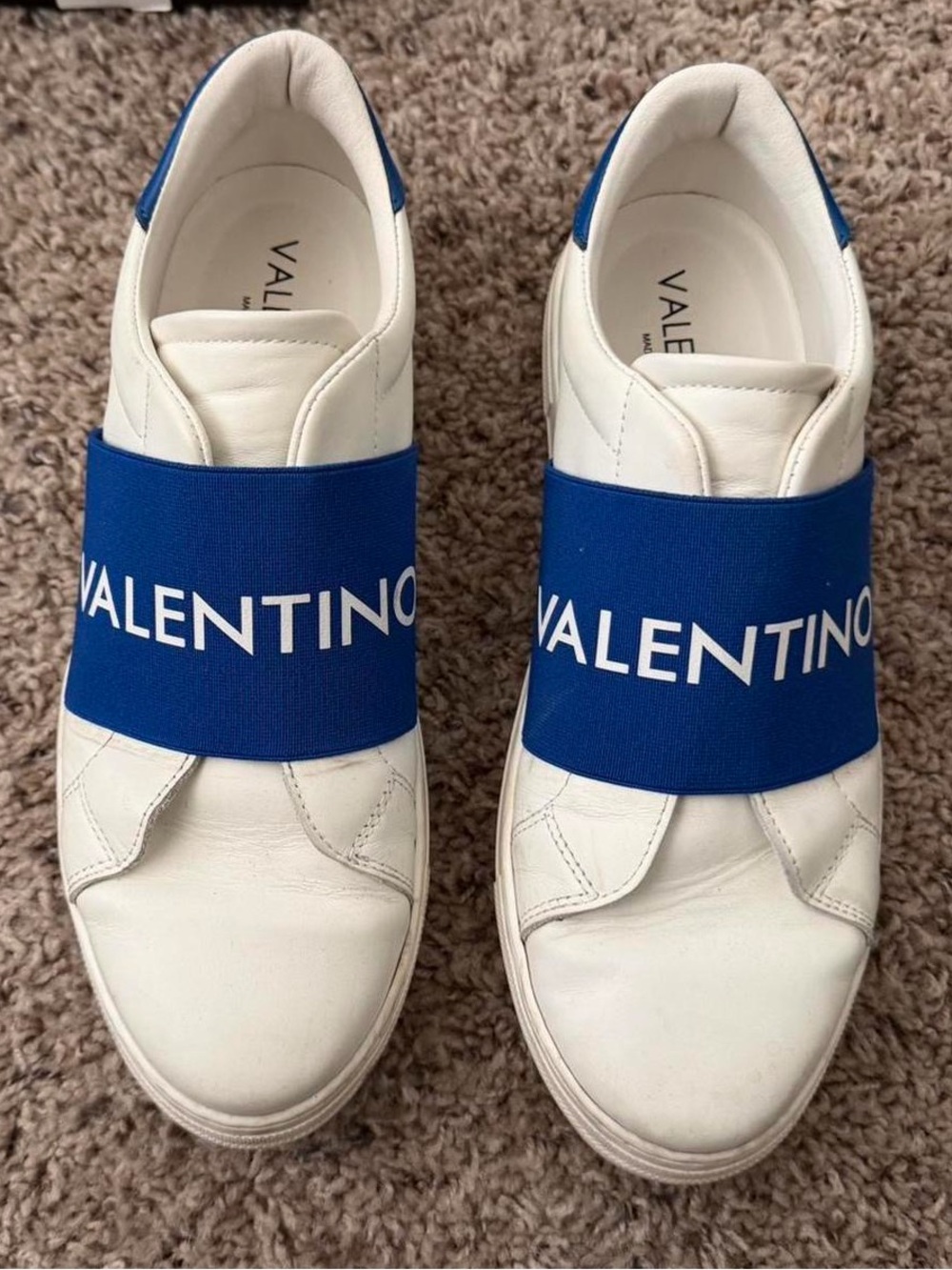 Valentino White Leather Slip-Ons with Royal Blue Logo Band